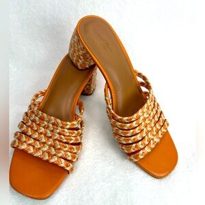 Womens Orange Braided Slip On Block Sandal Heels Size 8 EUC